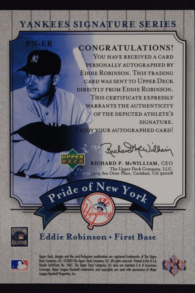 Eddie Robinson HOF Autographed 2003 UD Pride of New York Yankees Series Card - Image 2 of 4