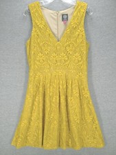 Vince Camuto Womens Dress 12 Yellow Sleeveless Lace V-Neck Flare Colorful Happy