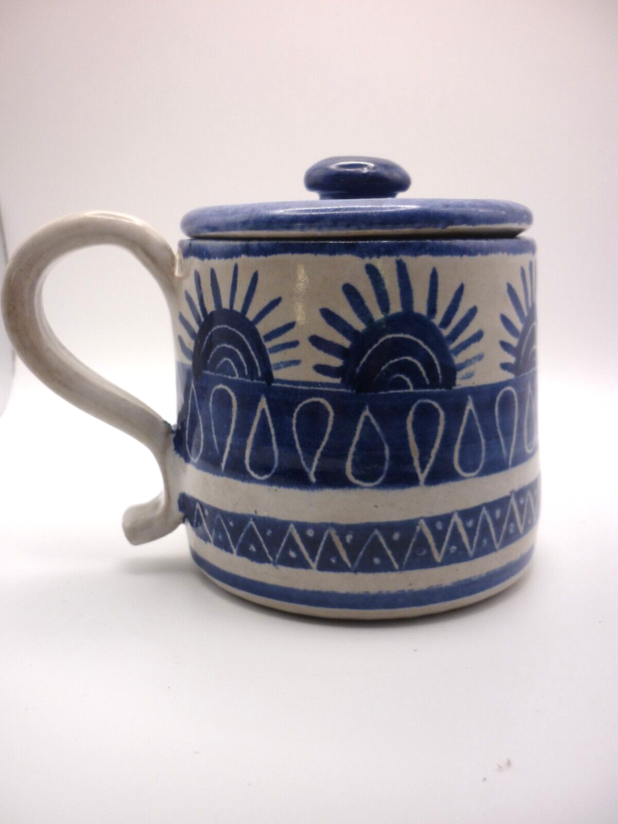 Coffee/ Tea Mug with LID - Signed Greek / Italian Style Terra Cotta Pottery