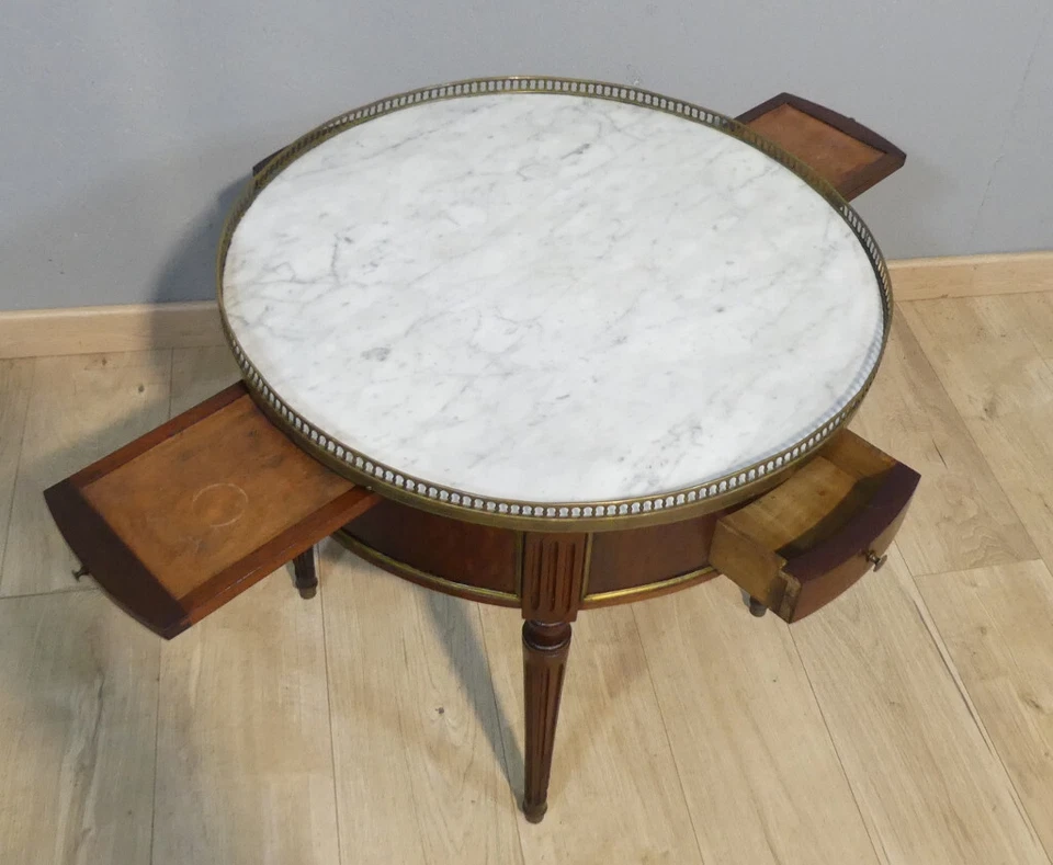 Table basse bouillotte en acajou et marbre style Louis XVI, époque début XX ème - Photo 3/4