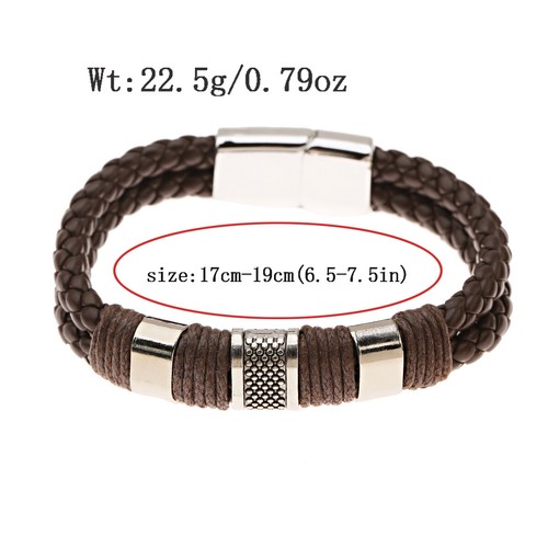 2 Pcs Men's Stainless Steel Clasp Cuff Leather Braided Bangle Jewelry Wrist Band - Picture 5 of 77