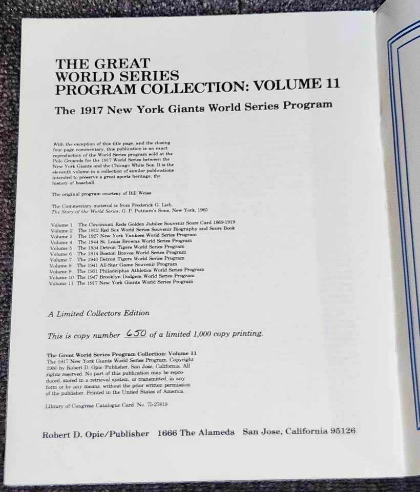 1917 WORLDS SERIES GIANTS VS WHITE SOX 650/1000 VOLUME 11 1980 - Image 2 of 3