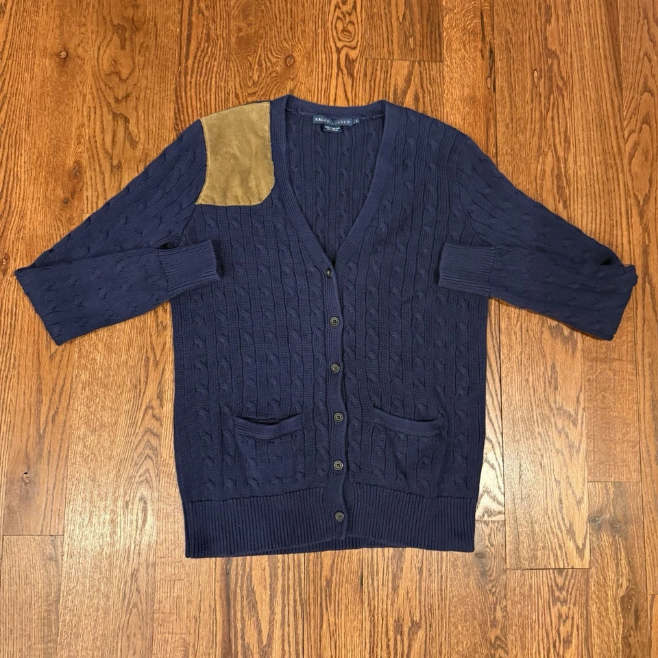 Cárdigan Ralph Lauren tejido con cable parche de cuero para el hombro para mujer grande azul marino Foto 2 de 4