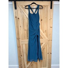 Azazie Chiffon Formal Gown Dark Teal Blue Draped Slit Maxi Dress A2 Crisscross