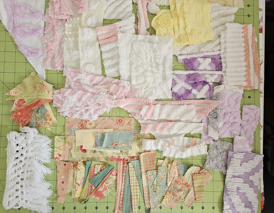 Scrap Cotton Fabric and Chenille Bedspread Fabric for Slow Stitch Quilting Lot - Image 2 of 4