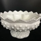 Vintage Fenton White Milk Art Glass Hobnail Footed 6-Candle Holder Candle Bowl