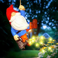 Hanging Gnomes Watering Can Lights Garden Decor, Fairy Figurines Outdoor Solar L
