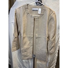 236 Alfred Dunner Petite 8P Tan Open Front Blazer Studded Lattice Jacket NWT
