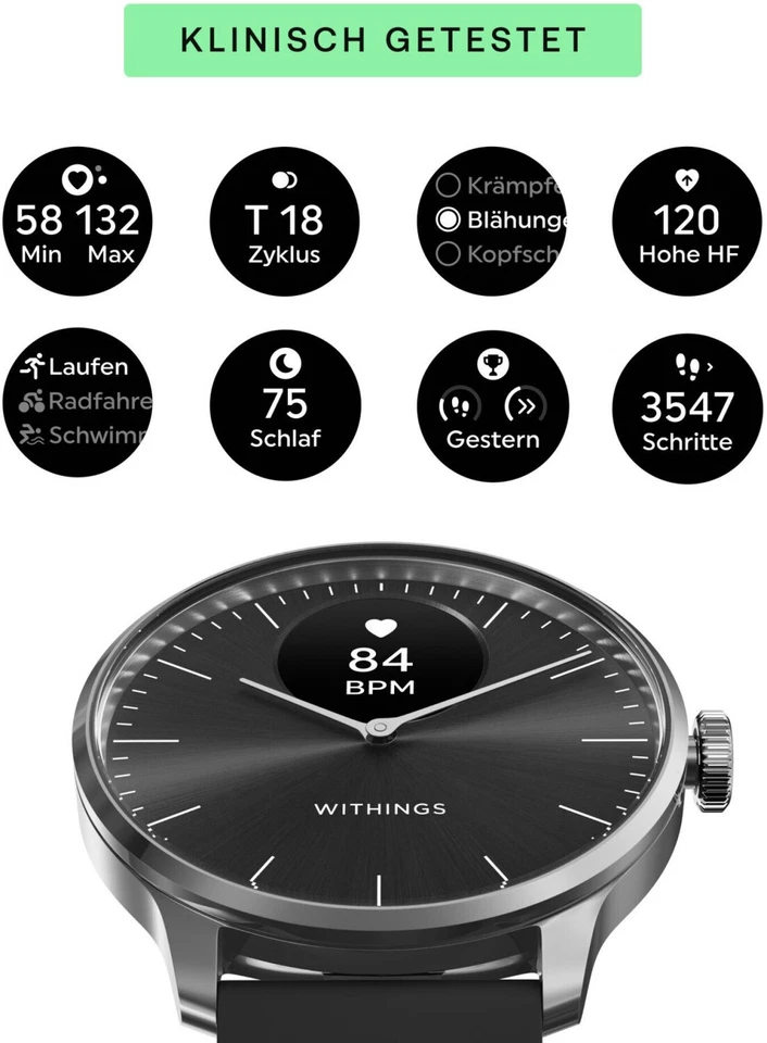 Withings ScanWatch Light Hybrid Smartwatch 37 mm Android iOS GPS schwarz - Bild 4 von 4