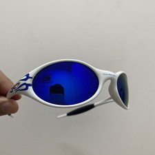 Retro Oakley Eye Jacket Blue Fire Sunglasses White Frames Blue Lenses Y2K