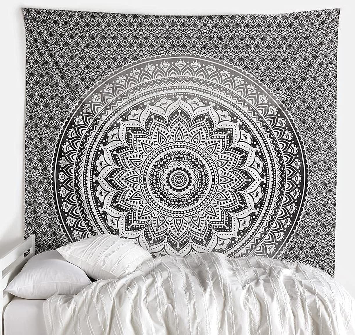 Grey Black Tapestry Wall Hanging 30x40 - Boho Bedroom Decor - Mandala Art