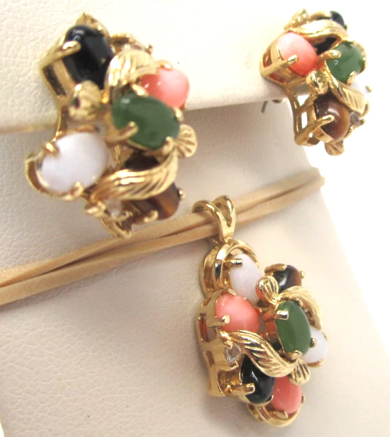 Layer Gold Jade Onyx Tigers Eye Coral Opal Earring Ring Pendant - Image 3 of 4