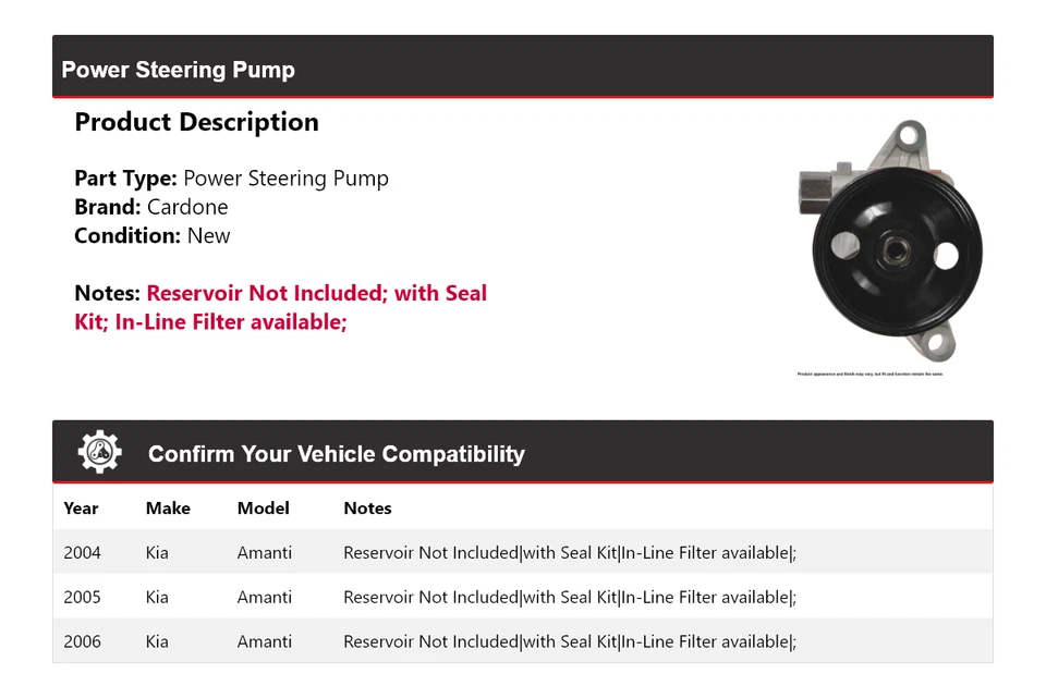 Насос гидроусилителя руля Cardone 2005 для 2004-2006 Kia Amanti - Изображение 2 из 4