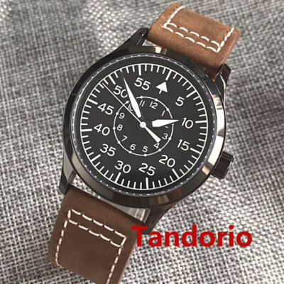 42mm Miyota 8215 Black PVD Case Automatic Mens Pilot Dial Leather Strap Watch