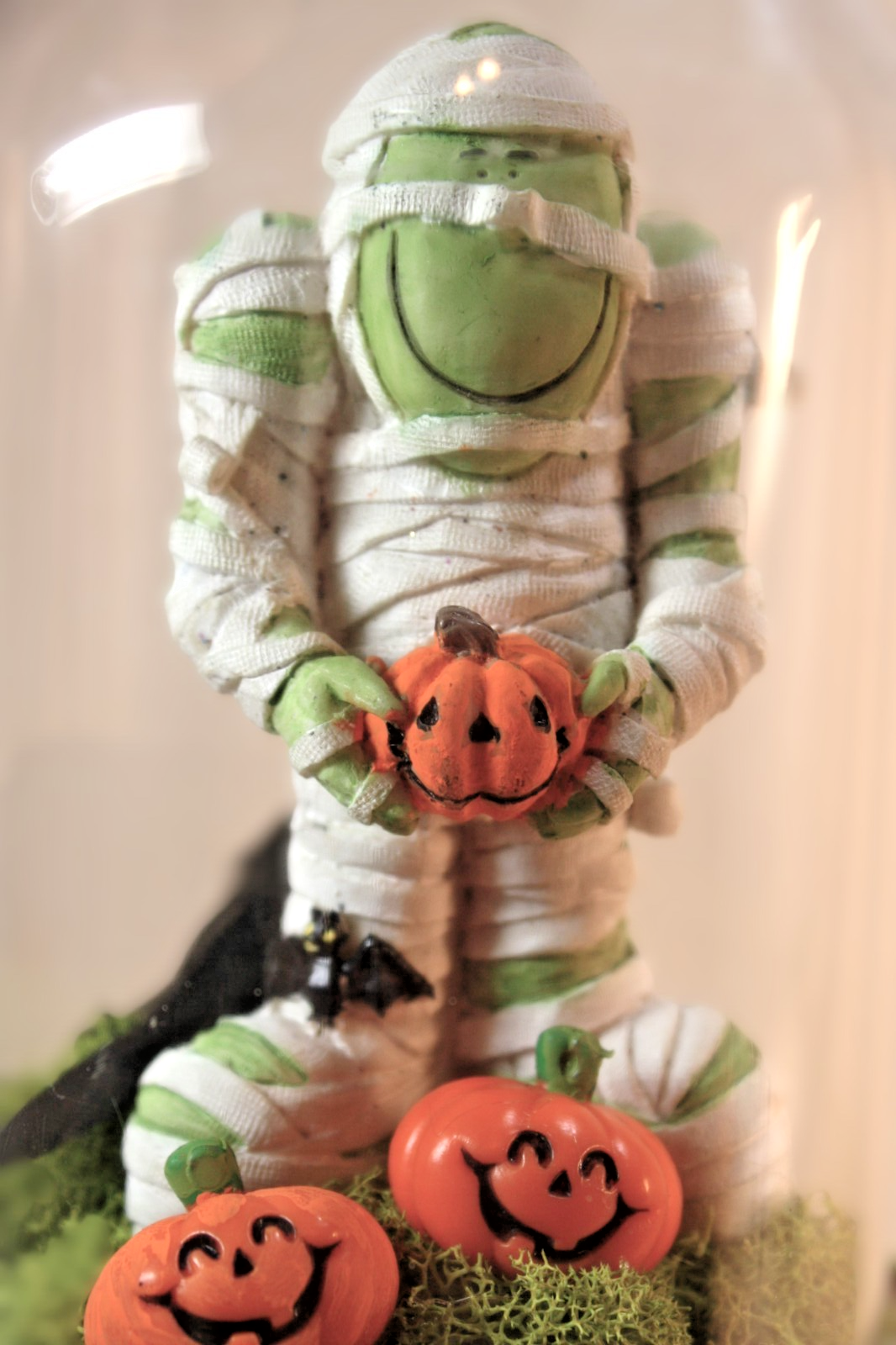 Handmade Halloween Cloche with Frankenstein Mummy and Pumpkin on Pedestal