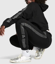 Victoria's Secret Pink Bling Rhinestone Logo Crop Hoodie + Gym Pants Set Black L