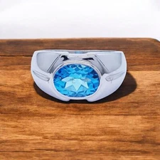 Blue Topaz Oval Cut Gemstone With 925 Sterling Silver Ring For Men's #A278 *