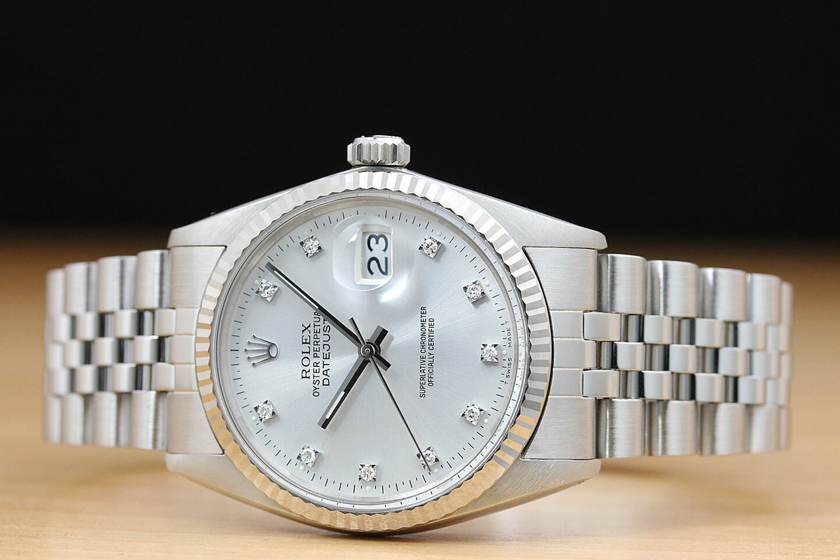 MENS ROLEX DATEJUST 16014 FACTORY SILVER DIAMOND DIAL 18K WHITE