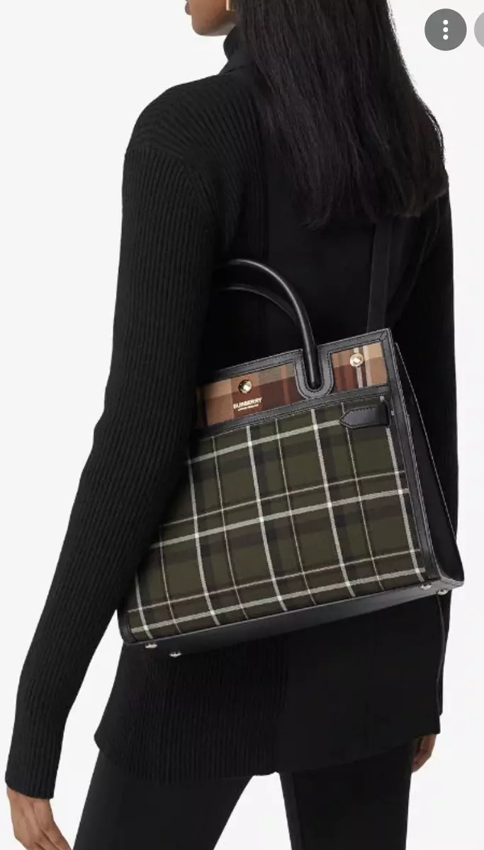 Burberry Bag Green Leather Two handle Plaid Handbag Title Italy Brown Black NEW
