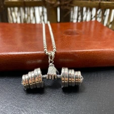 Solid 925 Sterling Silver Gym Dumbbell Fitness Barbell Necklace Pendant Charm