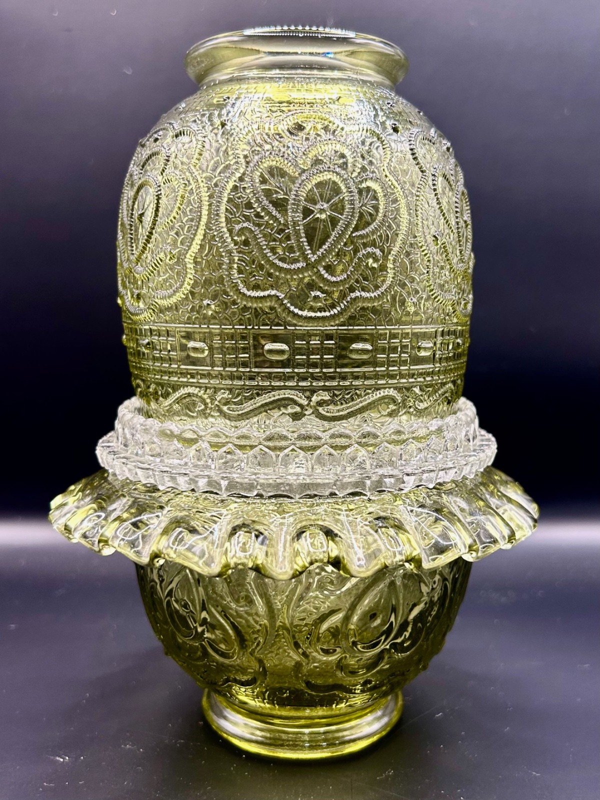 Vintage Fenton Art Glass Colonial Green Persian Medallion 3 Piece Fairy Lamp