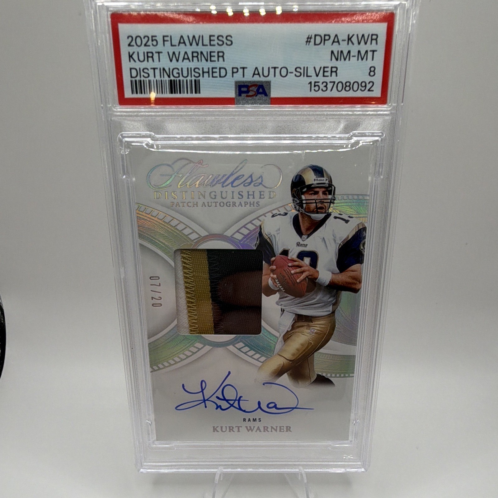 Kurt Warner #8 Football Cards 2025 Panini Flawless Patch Autograph trading card — raw and PSA graded price guide