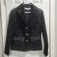 Jeanstar Women's Corduroy Blazer Jacket Sz M Black Gold Stitch Button Front 
