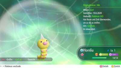 Shiny Hornliu Lvl 1 Pokémon Lets Go Pikachu/Evoli