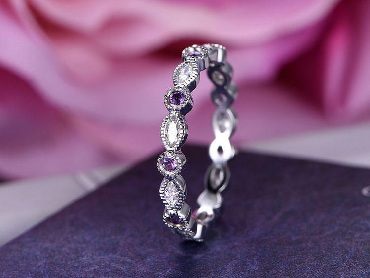 Natural Purple Amethyst Elegant Full Eternity Band Ring in 925 Sterling Silver