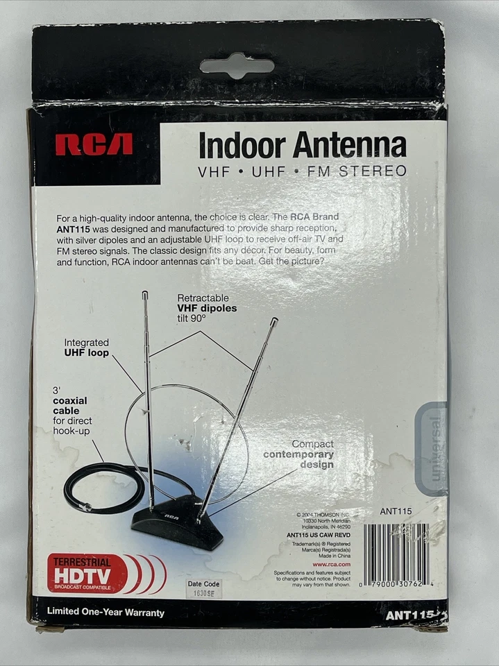 Antena interior VHF/UHF/FM estéreo terrestre, HDTV: ANT115, hecha por RCA Foto 3 de 3