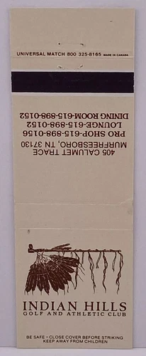 Indian Hills Golf And Athletic Club, Murfreesboro Tennessee, Matchbook Cover