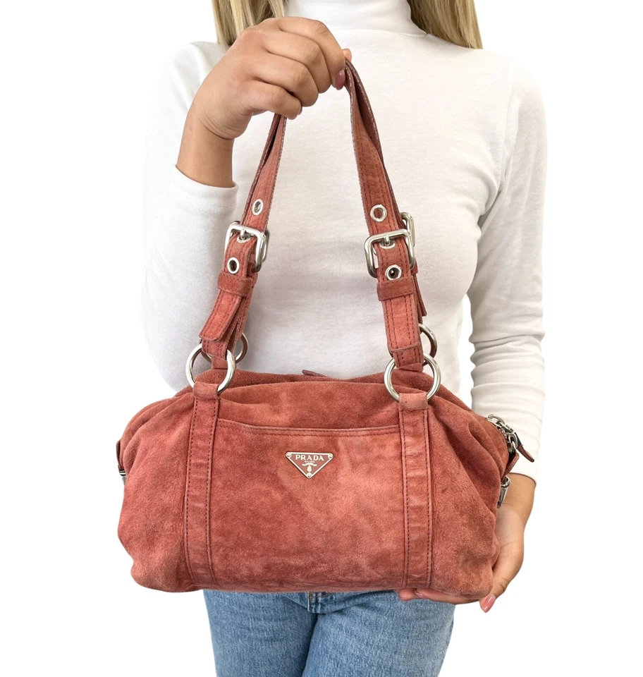 Bolso de Hombro PRADA Vintage Logo Rojo Marrón Plata Bolso de Mano Gamuza Cremallera Foto 2 de 4