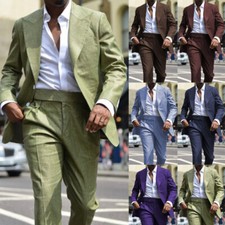 Linen Men Suit Wide Peak Lapel Wedding Groom Tuxedo Formal Workwear Jacket Pant