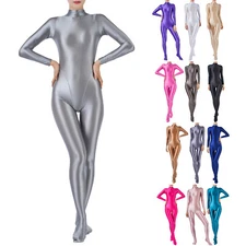 Womens Glossy Full Bodysuit One-Piece Stretch Jumpsuit Unitard Bodystocking 