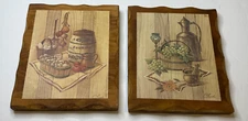 Pair of Vintage Wooden Wall Art Plaques Fruit Basket & Cookie Barrel by Chad