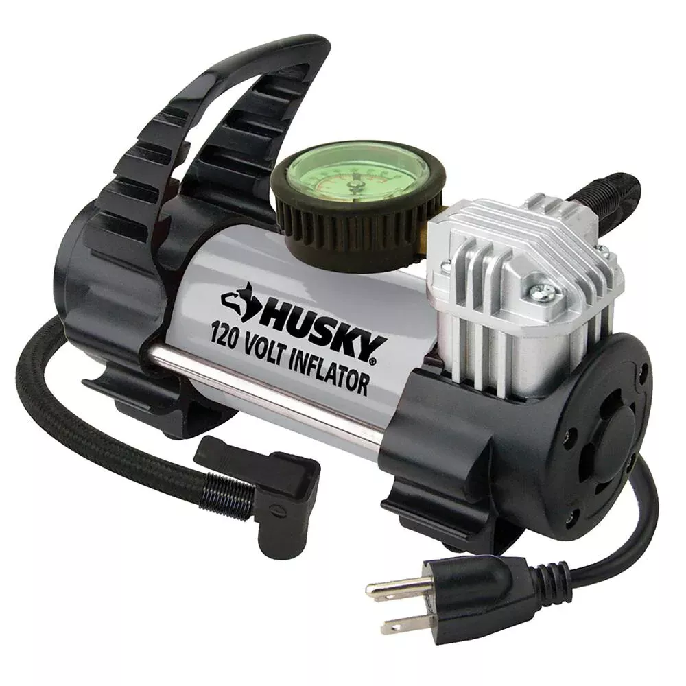 PORTABLE CAR AIR COMPRESSOR Husky Electric AC Outlet Compact Tire Pump Inflator