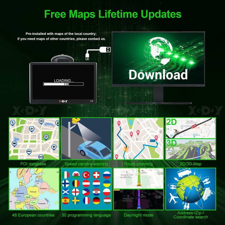 XGODY 7 Inch Truck GPS Navigation for Car System SAT NAV Speedcam POI New Map FM - Image 2 of 4