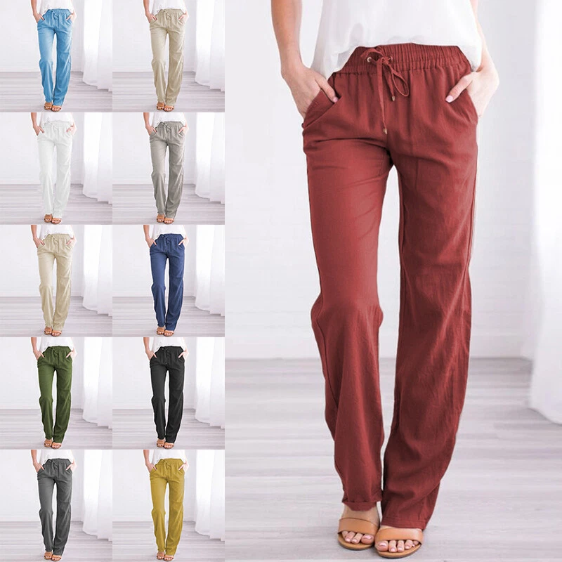 Womens Cotton Linen Elastic Waist Pants Ladies Casual Straight Leg