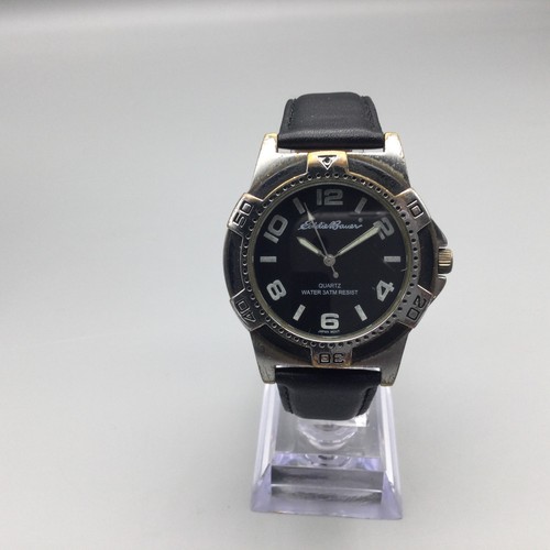 Vintage Eddie Bauer Watch Men 38mm Black Silver Tone Leather Band New Battery - Picture 2 of 15