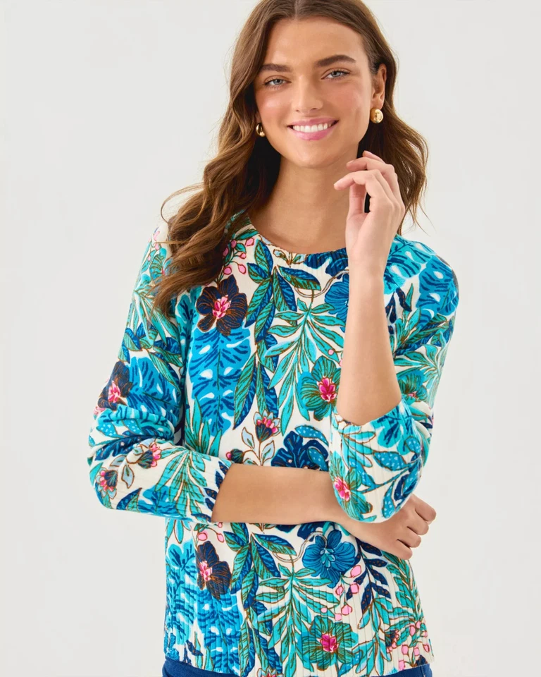 Nuevo con etiquetas Suéter Lilly Pulitzer Salima Breezy Aqua Best Fronds Forever ¡Tamaño completo!!! Foto 4 de 4