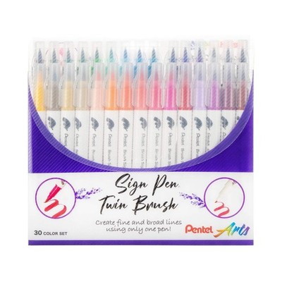 Pentel Sign Pen Twin Brush, 30-Pack, Assorted Colors, Plastic Box