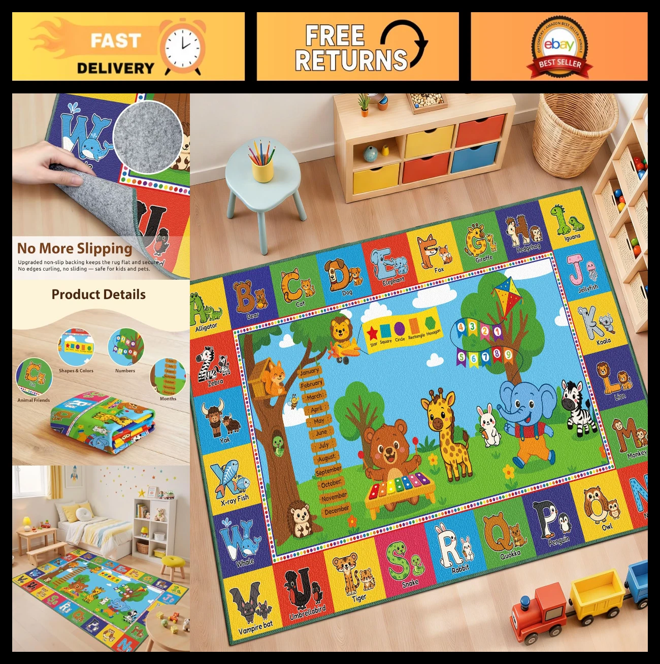 Non-Slip Alphabet Play Mat 4x7 ft - Washable Educational Rug for Kids, Nursery &
