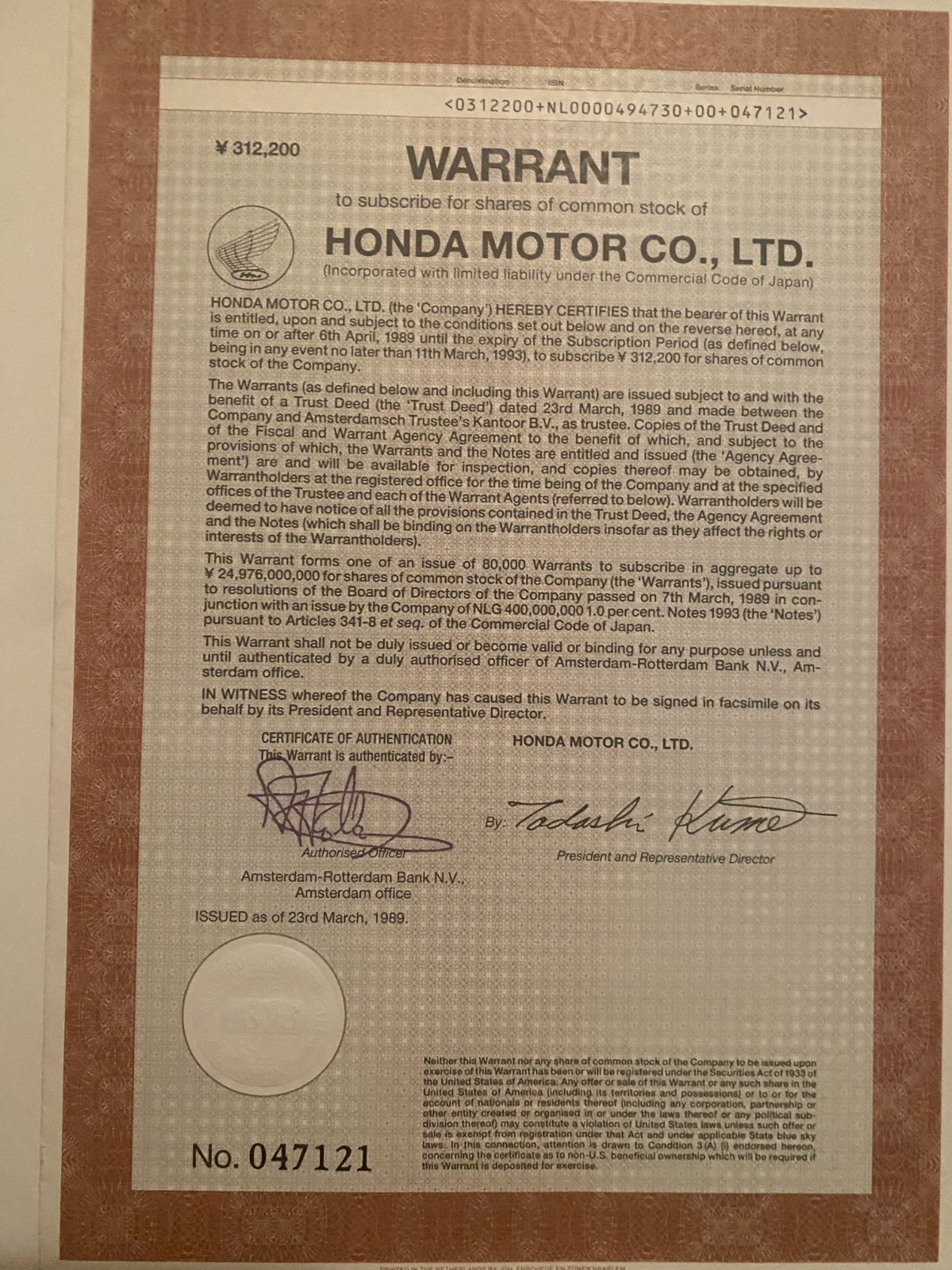 1989 Honda Motor Co LTD Warrant Stock Document Bond Certificate