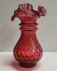 Fenton Cranberry Glass Vase Ruffled & Crimped Top & Dot Optic Pattern 1950's