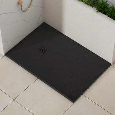 ROYAL BATHROOMS 30mm Slimline Rectangular Black Slate Effect Stone Shower Tray with Free Grate