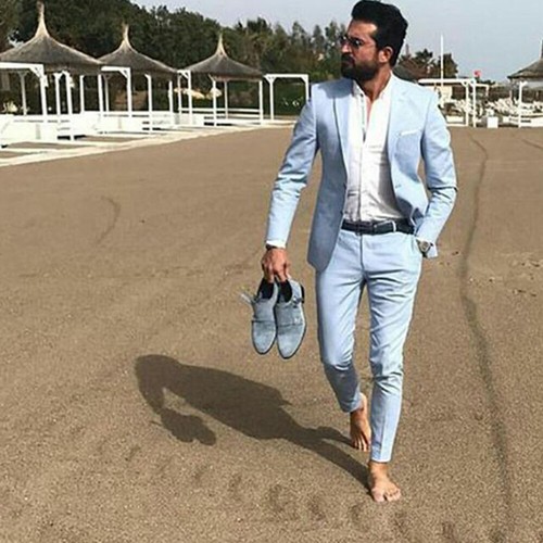 Blue Linen Men Suits Summer 2Pieces Peak Lapel Wedding Groom Prom Party Tuxedos - Picture 4 of 9