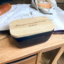 Personalised Blue Ceramic And Oak Butter Dish - Engraved Kitchen New Home Gift