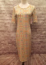 LuLaRoe Julia Dress Size XS Pastel Yellow Pink Multicolor Geometric Print NEW