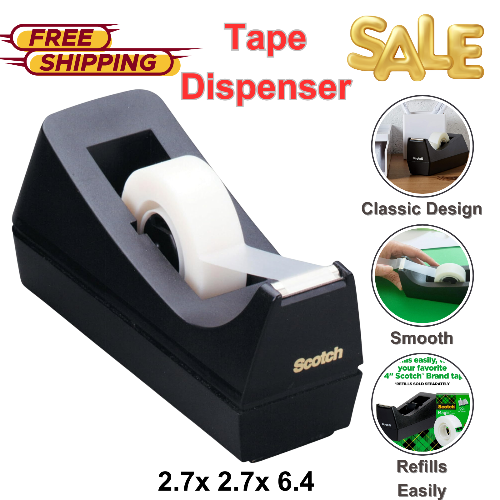 Desktop Tape Dispenser, Weighted Base, 1-Inch Core, Fits Standard Rolls, Black-image