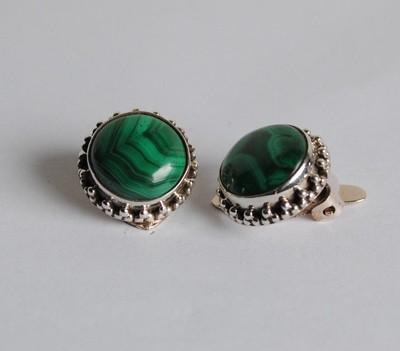 Malachite Ear Clips as Round in a Silver Setting, Wearable Without Ear Piercing